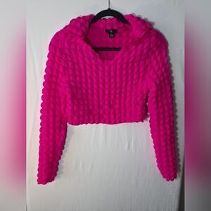 LOVE Hot Pink 3D Bubble Scrunchie Long Sleeve Cropped Retro Y2K Barbiecore Crop